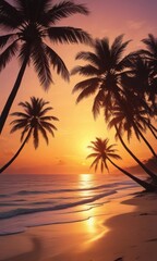 Fototapeta na wymiar Palm trees silhouette against vibrant sunset, sandy beach, film scratches, media, ocean