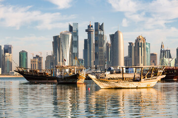 Doha skyline and fishing boats, Qatar