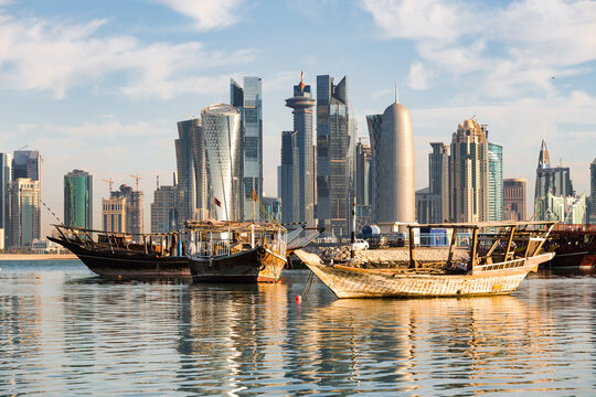 Doha skyline and fishing boats, Qatar