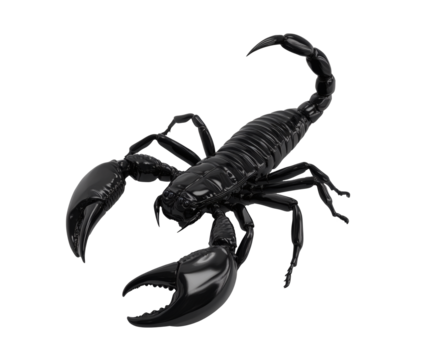 Highly detailed black scorpion with open pincers and curved tail, isolated on a light background