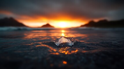 Sunset splash on the shore.  A small stone is struck by waves, creating a captivating splash against the backdrop of a fiery sunset over the ocean