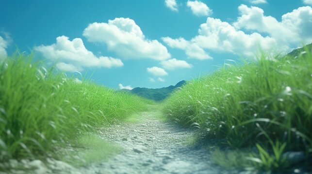 Lush green pathway under clear blue sky with fluffy clouds in nature