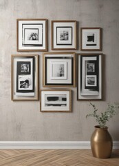 Gallery wall mockup  Various sized frames on textured wall ,  stylish,  presentation,  rustic