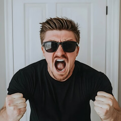 Angry man shouting indoors, fists clenched, white door background.  Use website, blog, social media