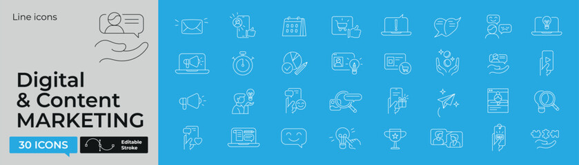 Set of 30 editable line icons – Digital and Content Marketing, online marketing, social media, networking, internet advertising, promotion, e-commerce.