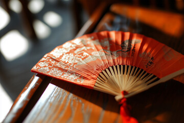 Traditional Chinese fan on a wooden table in sunlight