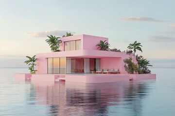 Vibrant pink island home in tranquil water setting.