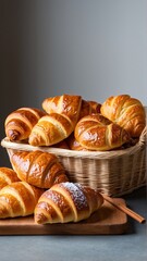 Golden Pastries: A Basket Filled with Warm, Buttery Croissants Ready to be Enjoyed, Featuring a Cinnamon Stick and Lightly Dusted Sugar.