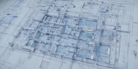 Blueprint overlay with faded blue photographic effect, architectural plan abstract, worn, old, plan