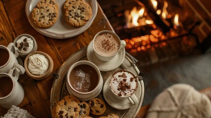 Fototapeta premium An overhead shot of a table with mugs of hot chocolate, cookies, and a fireplace in the background, creating a warm and inviting atmosphere.