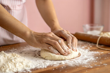 Fototapeta premium Person kneading dough on a wooden table covered in flour