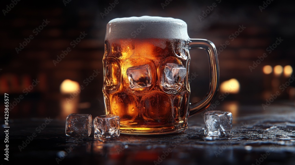 Poster a frosty beer glass filled with ice, set against a dark background with soft lighting emphasizing th
