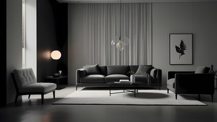 Modern living room with fireplace and comfortable furniture in a stylish home interior