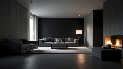 Fototapeta premium Modern living room with fireplace and comfortable furniture in a stylish home interior