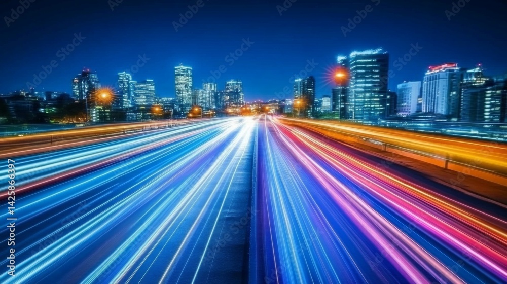 Poster A futuristic cityscape with streaking lights and glowing lines stretching across buildings, symbolizing high-speed light travel within an advanced urban setting