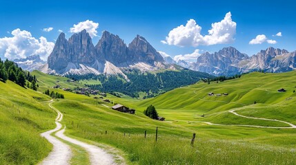 Obraz premium Picturesque alpine valley, winding road, and towering peaks. Lush green meadows, rustic houses nestled amongst the landscape. Clear blue sky, fluffy clouds