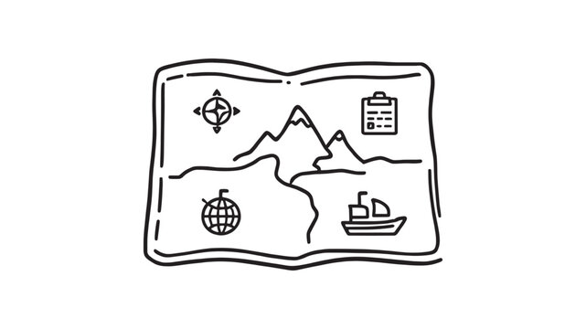 black and white map with compass and boat clip art preview