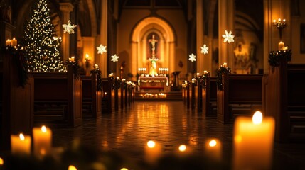 Fototapeta premium Christmas church interior, warm candlelight