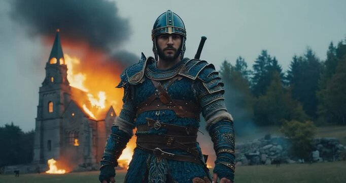 Viking Warrior with a Sword Standing in front of a Burning Church in Early Medieval Scandinavia 4k Video.