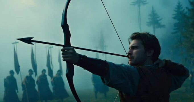 Medieval Robin Hood like Archer with Bow and Arrow Aiming at an Archery Competition 4k Video.