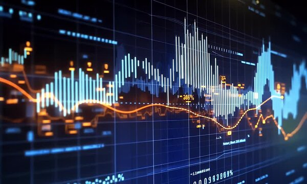  A stock market graph with an upward trend, indicating growth and potential for investment in the financial industry. The background is a digital display showing data points on trading charts - Powered by Adobe