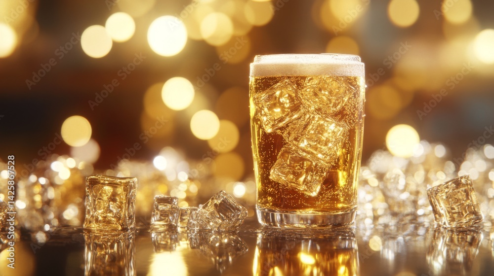 Leinwandbilder a glass of beer with ice, sitting on a bar counter with reflections from the ice cubes and golden li
