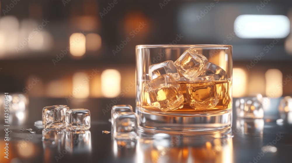 Aufkleber A glass of beer with ice, sitting on a bar counter with reflections from the ice cubes and golden liquid, creating a refreshing and inviting atmosphere