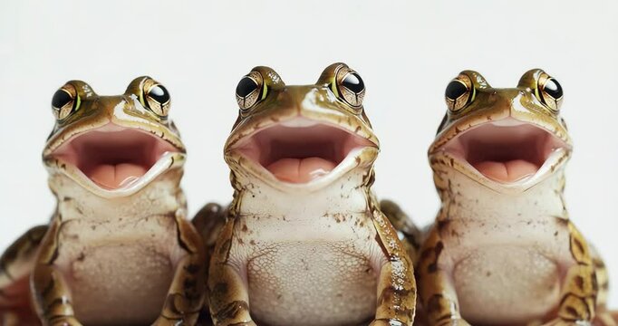 Three Frogs Singing Isolated on White Background 4k Video.