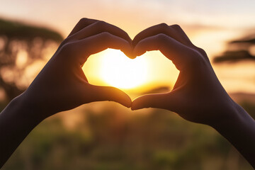 Hands forming a heart shape at sunset