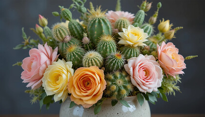 A vase containing pink and yellow roses alongside a small cactus