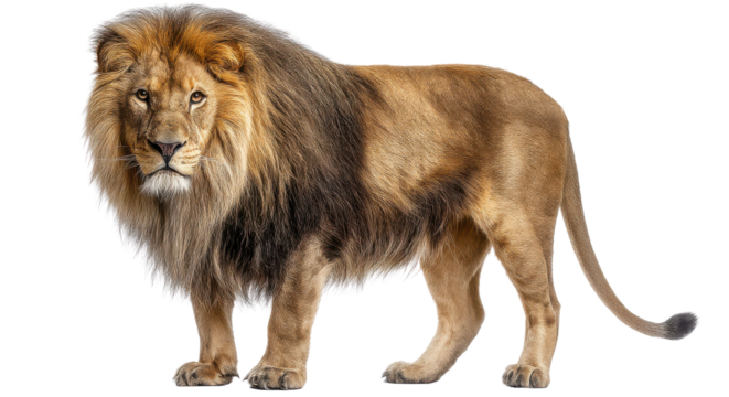 Majestic Lion in Profile: A solitary lion, king of the savanna, stands in regal pose, showcasing his magnificent mane and powerful physique.