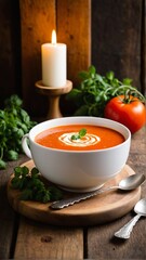 Cozy Tomato Soup Scene: A Candlelit Still Life with Cream and Fresh Herbs on Wood