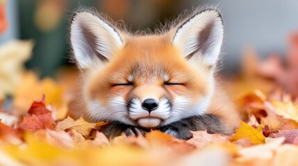 Obraz premium Adorable fox kit resting amidst autumn leaves. Close-up view of a small, reddish-orange fox nestled in a bed of vibrant fall foliage. Eyes gently closed, appearing peaceful and serene
