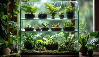 A layered shelf unit with grouped humidity-loving plants, pebble trays, mosses, and visible condensation, creating an indoor jungle vibe