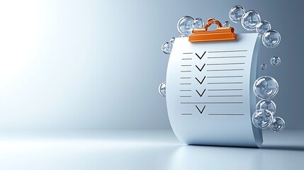 A clipboard with a checklist surrounded by bubbles, symbolizing organization and cleanliness