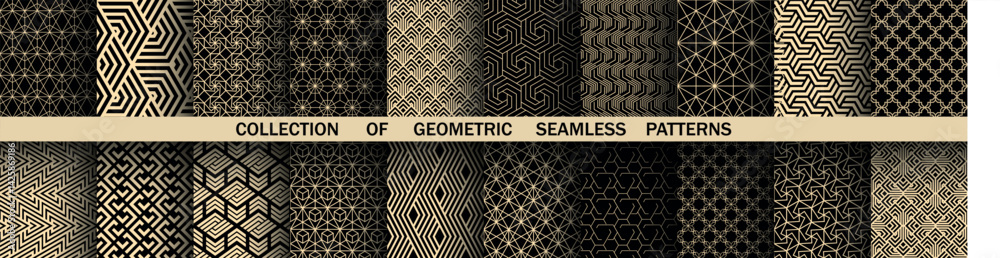 Leinwandbilder Geometric set of seamless black and golden patterns. Simple vector graphics