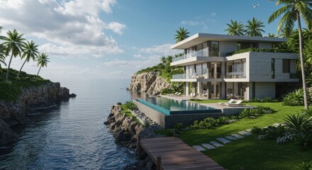 Fototapeta premium Modern Coastal Villa with Infinity Pool Overlooking the Ocean Surrounded by Lush Palm Trees