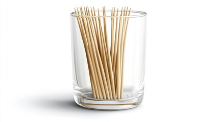 Clear glass container holding wooden toothpicks