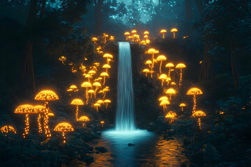 Fototapeta premium Illuminated mushrooms line a waterfall cascading into a tranquil stream.