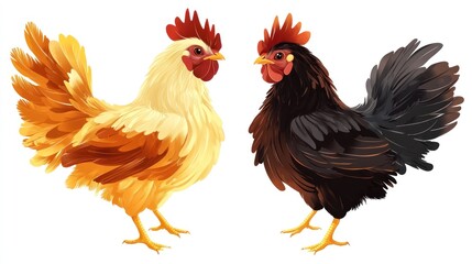 Fototapeta premium Two roosters, one yellow-orange and one black, facing each other