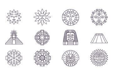 Inti Raymi Vector Icon Set. Inca Culture Line Art of Sun God, Rituals, Andean Traditions, Ancient Symbols and Festive Illustrations for Heritage and History Themes