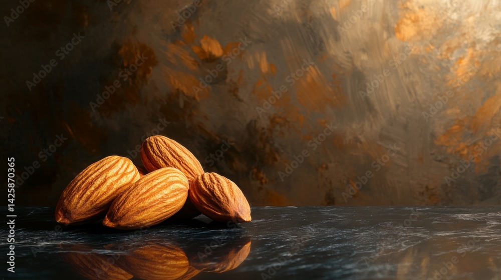 Poster a handful of almonds resting on a dark marble surface, their smooth texture and rich color standing 