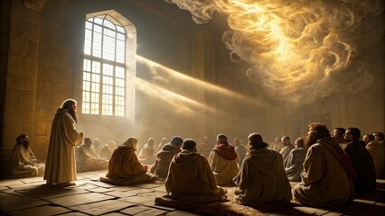 Pentecost: Jesus's disciples gathered together praying on the floor of an upper room