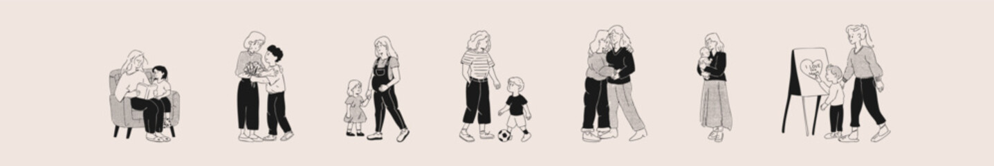 Mother's Day holiday. Mothers with their children set. Black and white minimalist style.
Trendy vector illustration.
