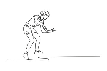 Fototapeta premium Single continuous line drawing beauty female table tennis player standing in certain position for serving ball and starting game. Sport and recreation. One line draw graphic design vector illustration