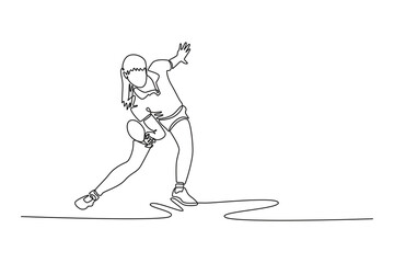 Fototapeta premium Single continuous line drawing woman table tennis players performing strokes and returns. Showing her skills and techniques in modern ping pong action. One line draw graphic design vector illustration