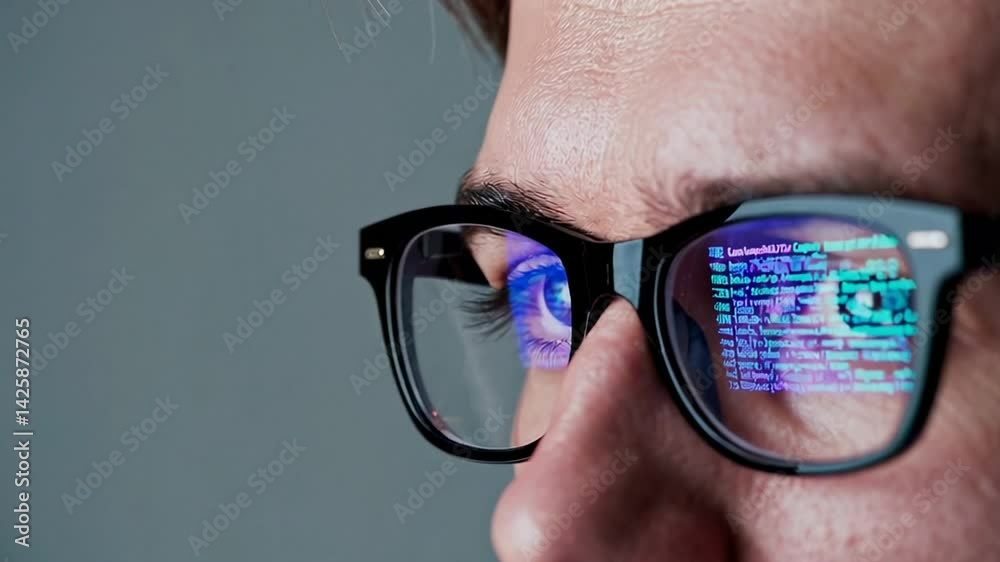 Poster programmer wearing glasses reflecting vibrant lines of code, embodying technological innovation and 