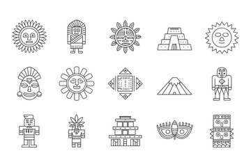 Inti Raymi Vector Icon Set. Inca Culture Line Art of Sun God, Rituals, Andean Traditions, Ancient Symbols and Festive Illustrations for Heritage and History Themes