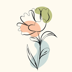 Abstract Line Art Flower with Pastel Shapes Botanical Illustration