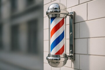 Obraz premium Classic Barber Pole with Red, White and Blue Stripes Mounted on White Brick Wall, Symbolizing Traditional Haircut and Grooming Services